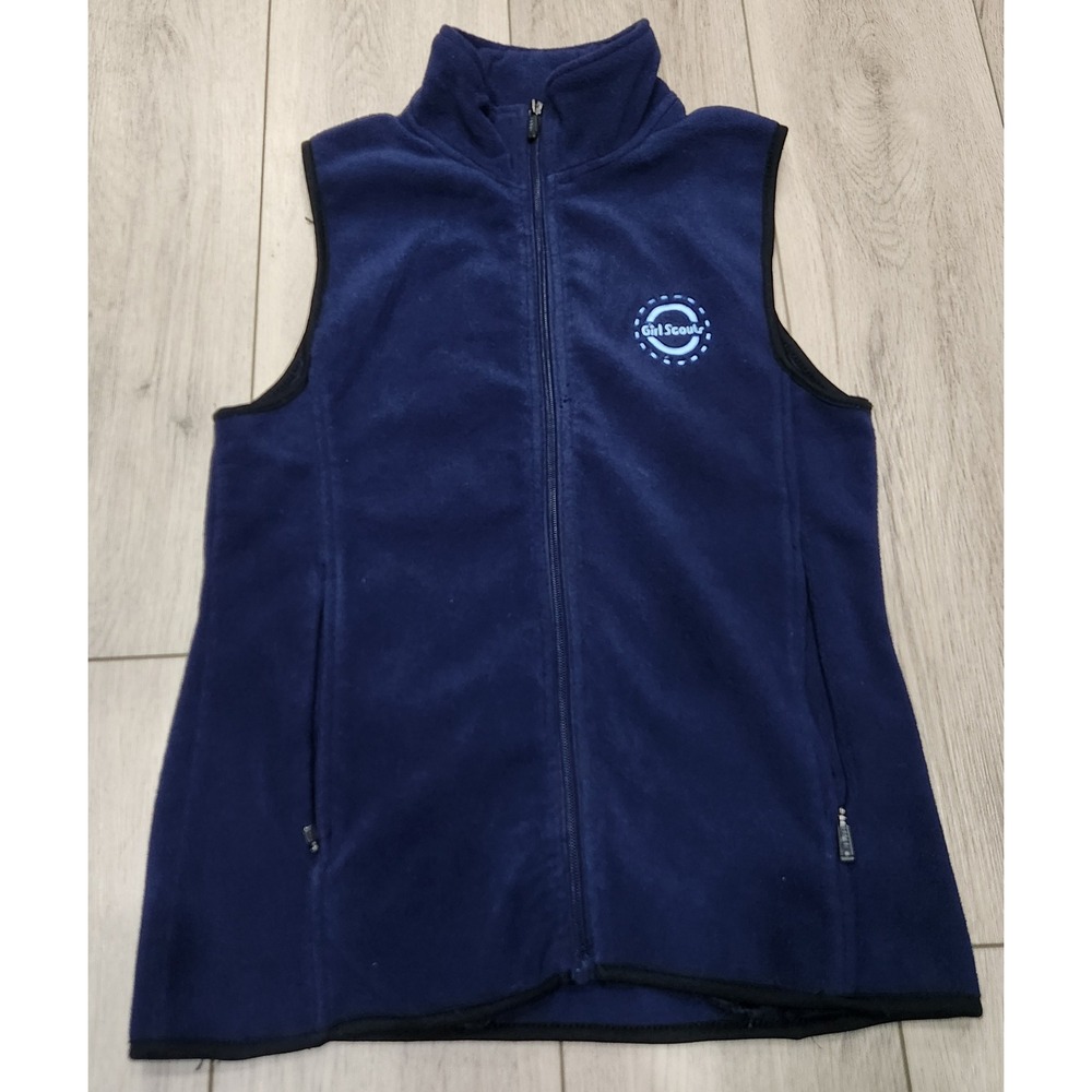 Girl Scouts Navy Blue Fleece Vest Women small‎ Zip Up Stand Collar Logo